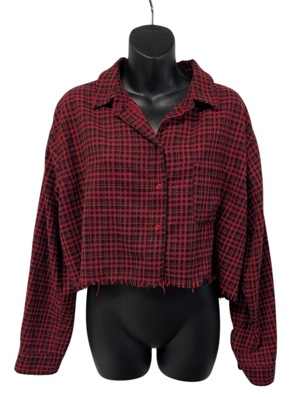 HYFVE Womens Red Black Plaid Collared Button-Up Fringe Cropped Shirt Sz L